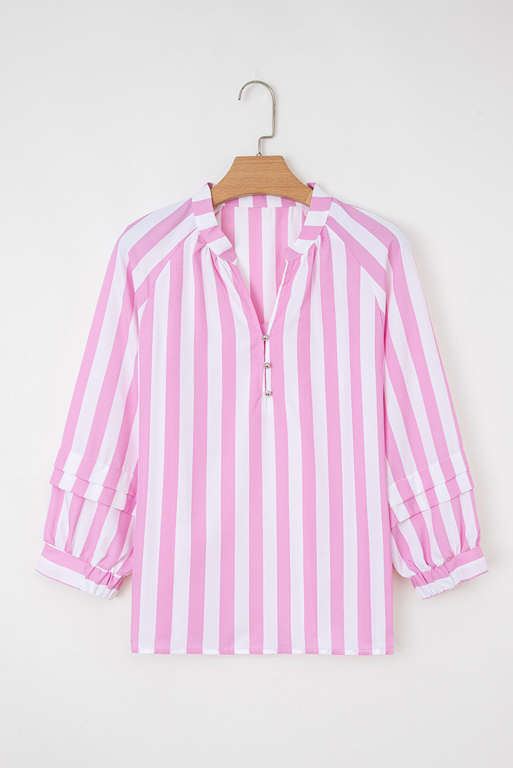 Rose Stripe Split Neck Button Decor Front Puff Sleeve Blouse