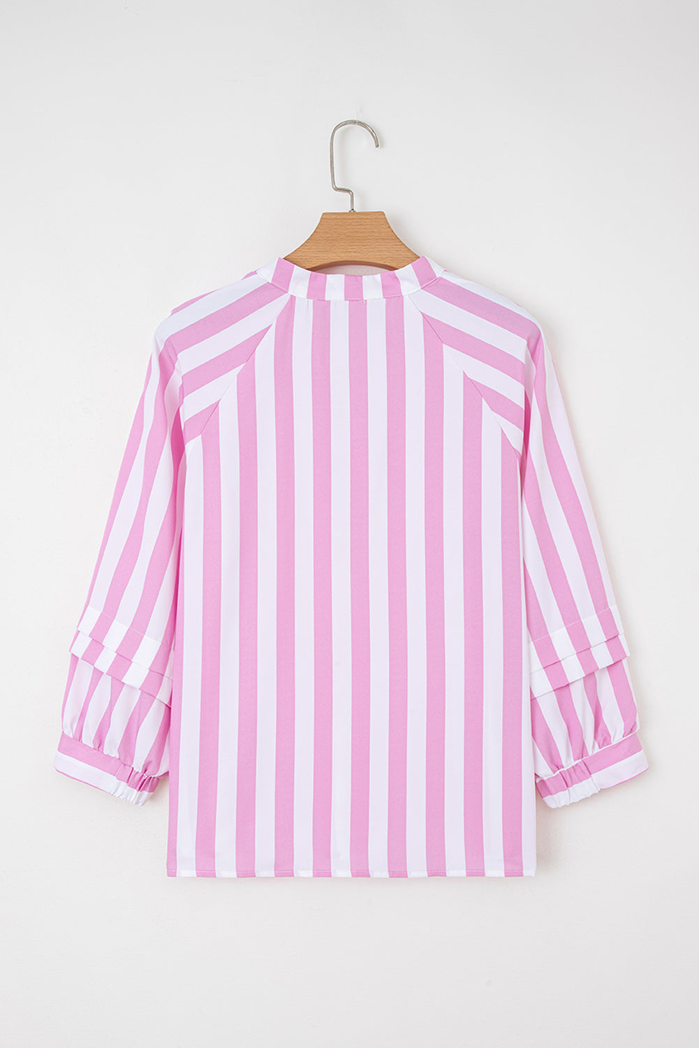 Rose Stripe Split Neck Button Decor Front Puff Sleeve Blouse