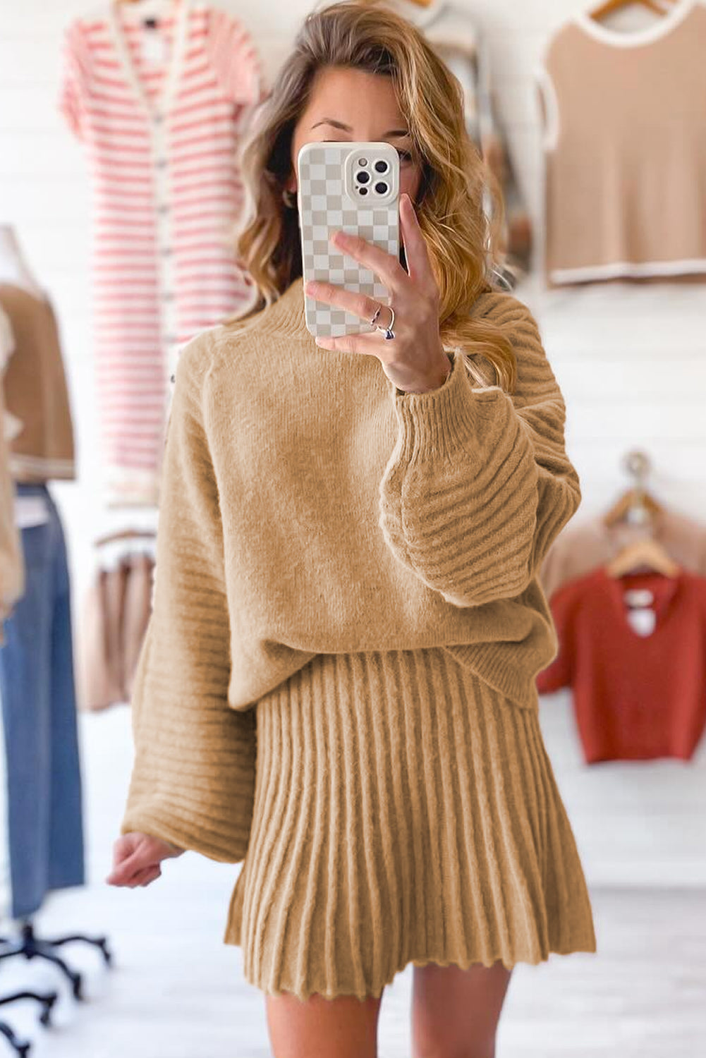 Smoke Gray High Neck Puff Sleeve Sweater Pleated Mini Skirt 2pcs Knitted Outfit