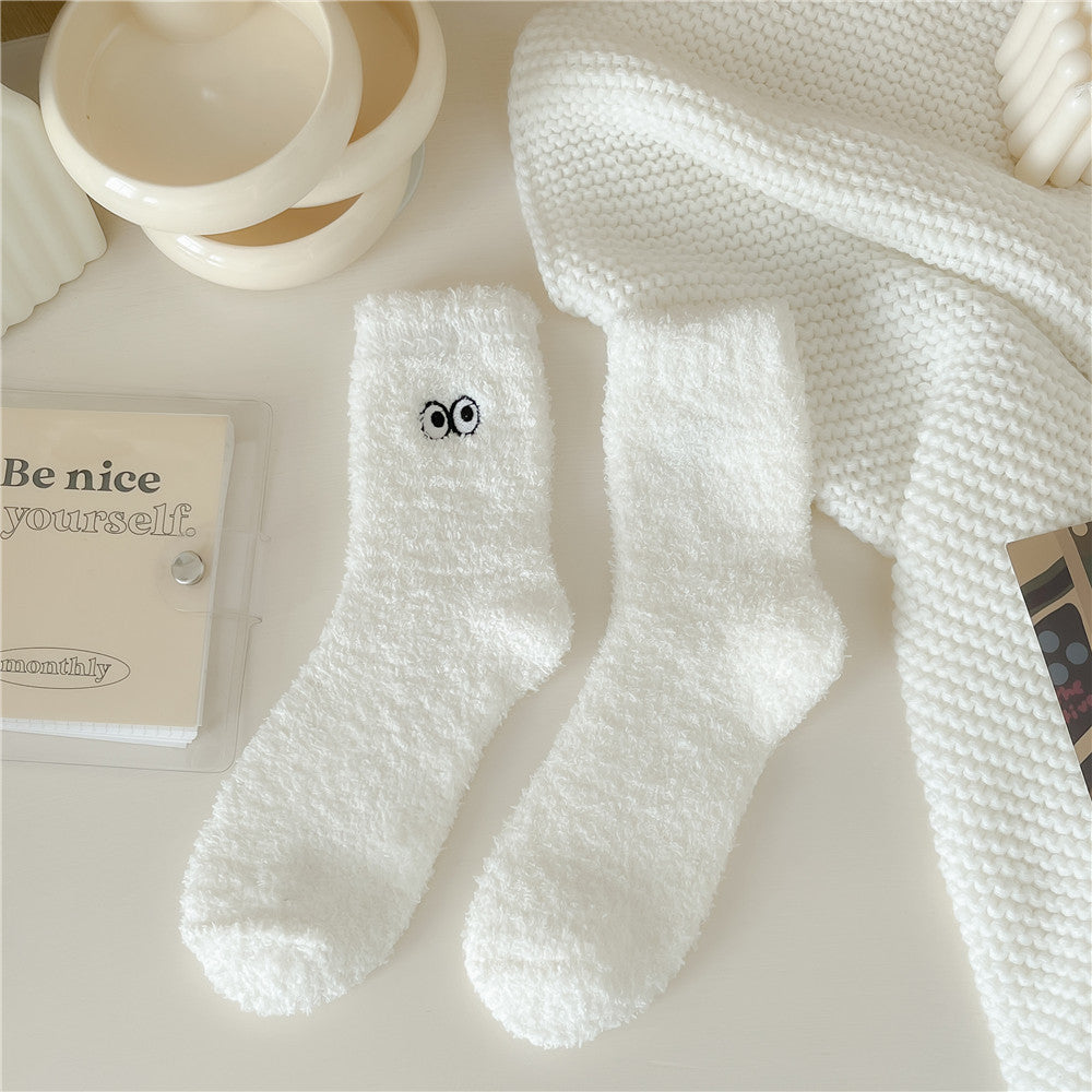 Women's Solid Color Embroidered Sleep Thickening Warm Terry Socks